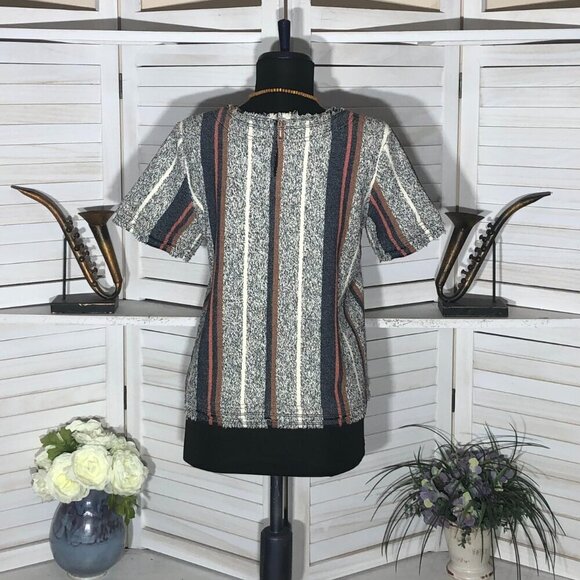 Ann Taylor Boho Blouse Cotton Short Sleeve Striped Gray Blue Cream Small - Picture 2 of 8